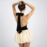 Patchwork Puff Halterneck Black Satin Mini Dress